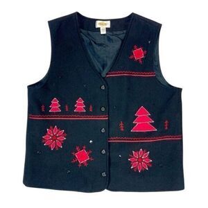 Talbots Holiday Vest Womens Large Black Red Wool Appliqué Embroidered Christmas
